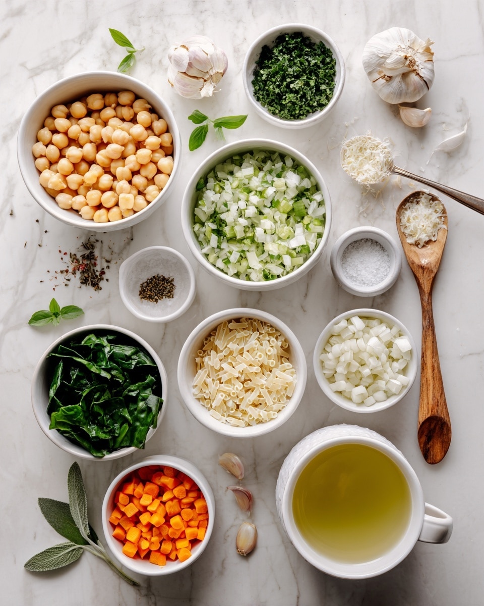 The image shows a flat lay of various ingredients in different bowls arranged neatly on a white marbled surface. There are eleven containers: a white bowl with light golden chickpeas, a white bowl filled with finely chopped pale green celery, a small white bowl with green chopped herbs, a white bowl with fresh dark green spinach leaves, a white bowl with diced white onions, a white bowl holding small orange diced carrots with a white wooden spoon resting on top holding dried herbs, a small white bowl with orzo pasta, a white cup with a light yellow liquid (likely broth), a white bowl with a light green liquid with a spoon inside, a small bowl with a few garlic cloves, and a tiny white bowl containing salt and pepper. Scattered around are a few small herb leaves and a wooden-handled spoon. Photo taken with an iphone --ar 4:5 --v 7