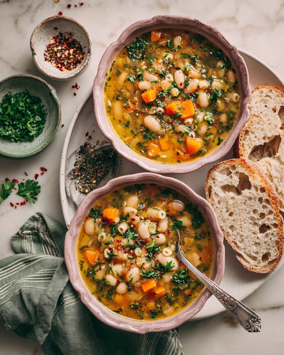 Two pink scalloped bowls filled with a hearty soup made of small pasta, white beans, diced orange carrots, and green herbs sit on a white marbled surface. The soup has a rich, golden broth that looks warm and flavorful. One bowl has a silver spoon inside, its handle resting on the bowl's edge. The bowls are placed on a large round white plate, next to two slices of rustic bread with open holes in the crust. A small white bowl with ground black pepper and a green textured bowl with fresh parsley are in the top background. A green striped gray napkin is folded near the center bowl, with two vintage silver spoons crossed next to it. Some scattered red chili flakes and parsley add color and texture around the bowl. photo taken with an iphone --ar 4:5 --v 7