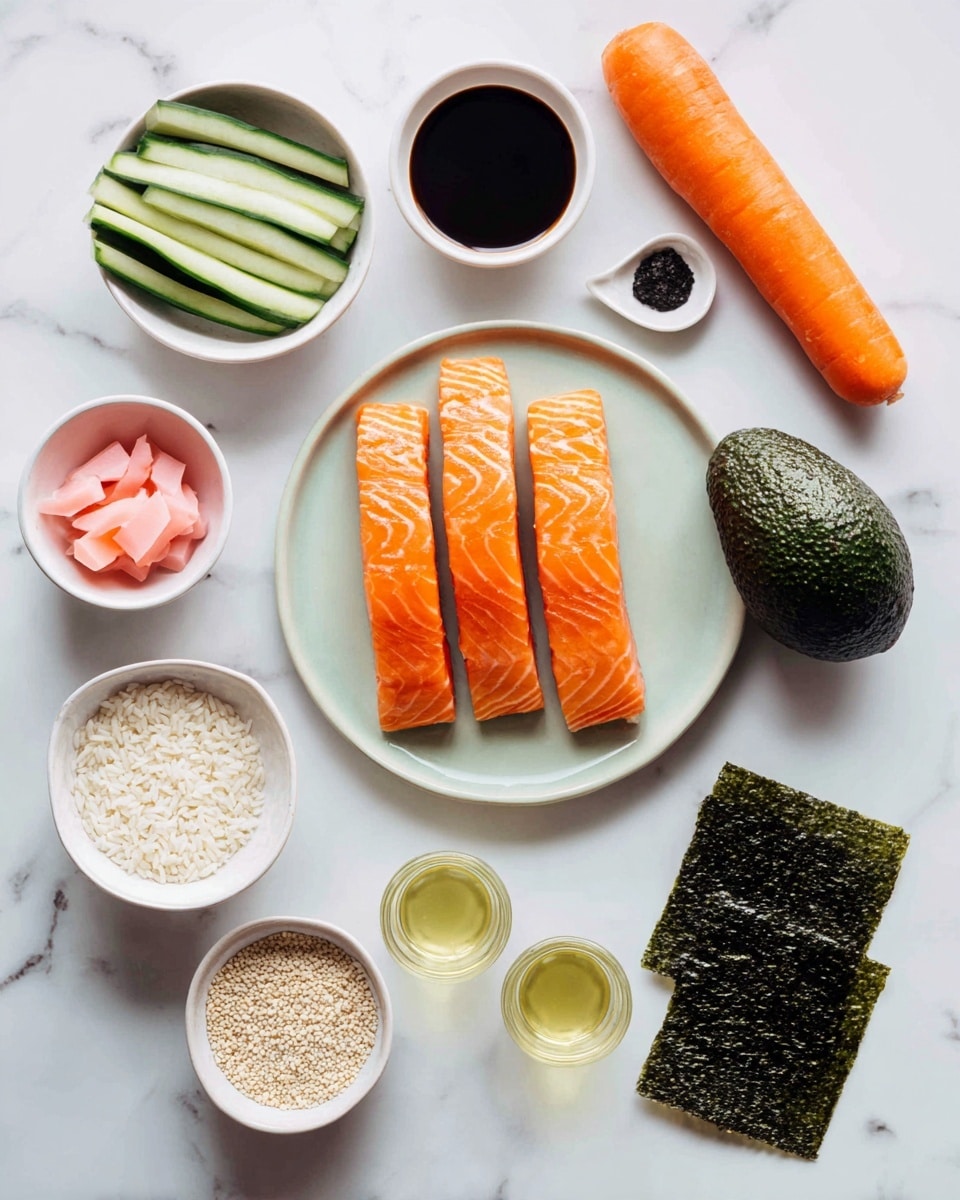 The image shows a top view of ingredients laid out neatly on a white marbled surface, including a plate in the center with three pieces of fresh orange salmon with visible texture lines. To the upper right of the salmon is a whole dark green avocado, and next to it a bright orange carrot. Above the salmon is a white bowl filled with thin cucumber slices. Surrounding these main ingredients are smaller bowls and containers: one white bowl with pink pickled ginger, a small white dish with dark soy sauce and a green wasabi dollop, two small clear glasses with a light yellow liquid, and three white bowls filled with various grains and powders—one bowl with white rice, another bowl with what looks like rice flour, and a small leaf-shaped green bowl with black sesame seeds. To the bottom right, there is a small stack of square seaweed sheets with a shiny dark green texture. The arrangement is clean and minimalist, with all items spaced evenly and the colors standing out against the white marbled background. photo taken with an iphone --ar 4:5 --v 7