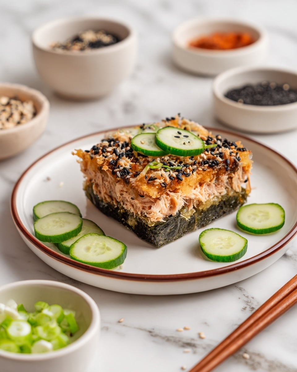 A white plate with a brown rim holds a square piece of food with three visible layers: a dark green seaweed base, a thick middle layer of light brown shredded fish mixed with orange sauce, and a top sprinkled with black and white sesame seeds and green onion slices. On top of the square, there are three thin cucumber slices. The plate also has scattered green onion pieces and cucumber slices around it. Wooden chopsticks rest on the plate’s edge. Nearby, there are two bowls with toppings: one white bowl with black and white sesame seeds, and one white bowl with green onion slices. Everything is set on a white marbled surface. Photo taken with an iphone --ar 4:5 --v 7