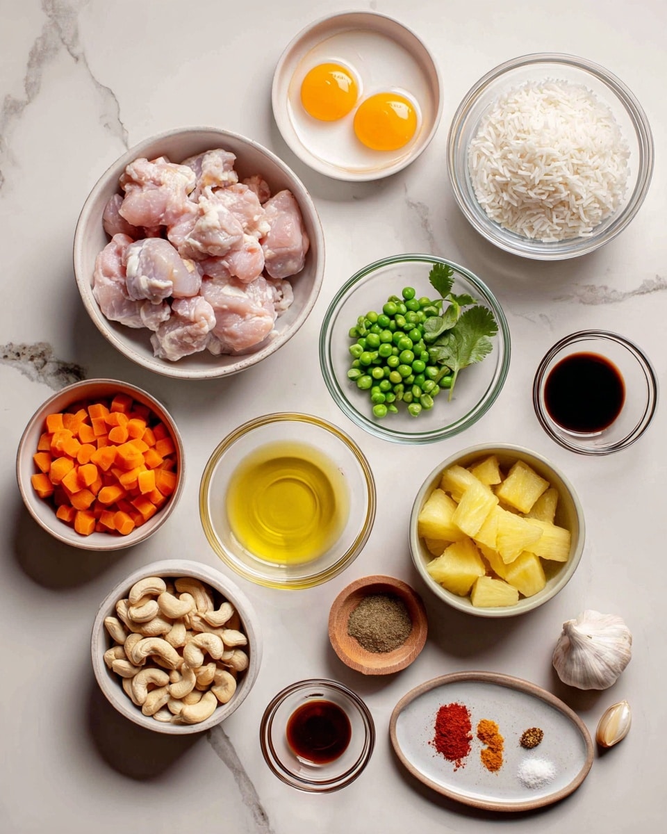 Several bowls and small dishes are arranged on a white marbled surface. The top left has a white bowl filled with raw, pale pink chicken pieces. Below, a small clear glass bowl holds two raw eggs with bright orange yolks. To the right of the chicken is a clear glass bowl with soft white cooked rice. Next to the rice is a small clear bowl with pale yellow cooking oil. Near it is a tiny white bowl with green cilantro leaves. Below the cilantro is a small beige bowl holding whole cashew nuts. A larger white bowl below the eggs contains bright orange carrot sticks and green peas. At bottom center is a white bowl with light yellow pineapple chunks. A white plate near the bottom right shows small piles of reddish-brown sauce, light gray powder, white salt, and an orange spice mix. Small glass bowls with dark and light sauces and a wooden bowl with two garlic cloves complete the scene. Photo taken with an iphone --ar 4:5 --v 7