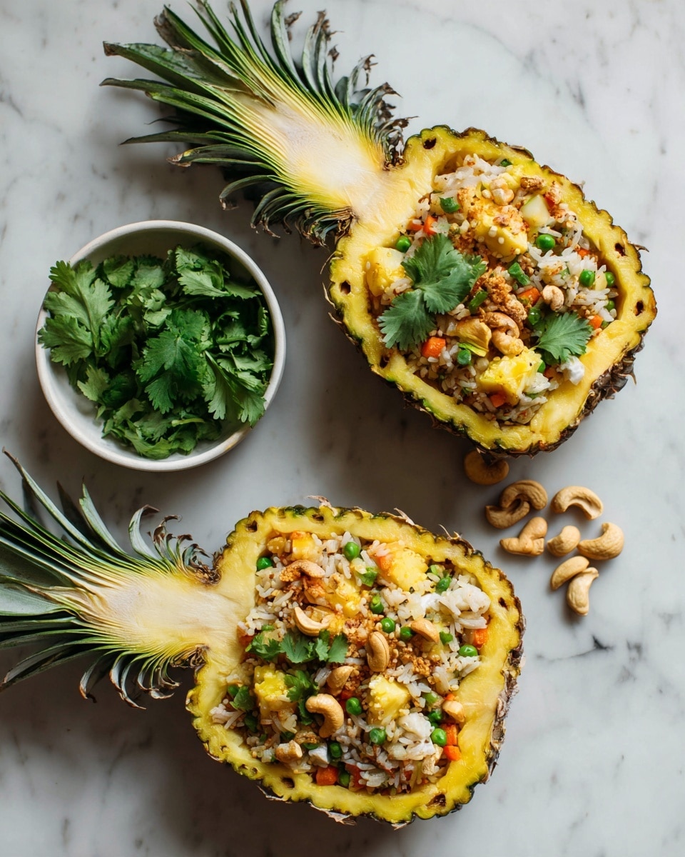 Two halves of a pineapple are used as bowls filled with fried rice. Each pineapple bowl shows bright yellow pineapple flesh inside with green spiky leaves at the top. The fried rice inside has layers of white and brown grains mixed with small green peas, orange shredded carrots, yellow egg pieces, light brown cashews, and small bits of green herbs scattered throughout, some garnished with fresh cilantro leaves on top. To the left, there is a small round white bowl containing fresh cilantro leaves sitting on a white marbled surface. photo taken with an iphone --ar 4:5 --v 7