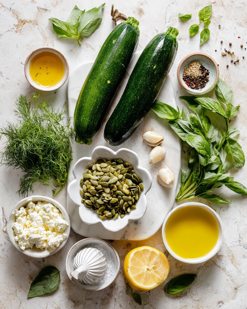 The image shows fresh ingredients arranged on a white marbled surface, with a white cutting board holding two long, dark green zucchinis placed side by side at the top left. Below the zucchinis are bunches of green herbs, including basil and dill, giving a textured leafy look. A small white scalloped bowl filled with green pumpkin seeds sits near the center of the cutting board. Around the board are small white bowls containing different items: crumbled white cheese at the top right, golden honey below it, yellow olive oil next to the honey, and a sliced lemon half at the bottom right. Near the bottom left, a white dish holds coarse white salt, black pepper, and a single clove of garlic. To the right of this is a white bowl with lemon juice and a ridged white citrus juicer inside. Some scattered green herb leaves add natural touches on the white marbled surface. photo taken with an iphone --ar 4:5 --v 7
