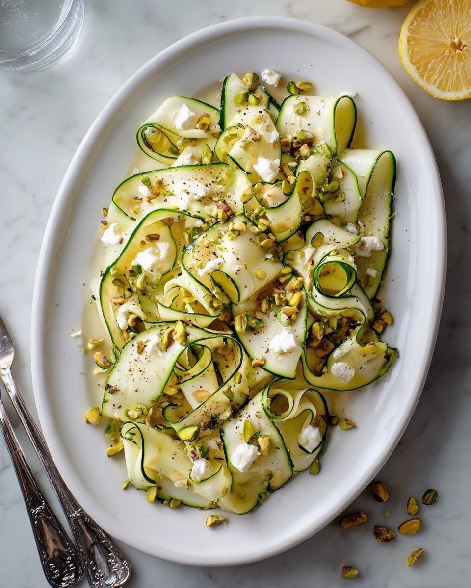 A white oval plate holds thin, curled ribbons of green and white zucchini, each piece smooth and slightly shiny, layered loosely with a light dressing. On top, there are small chunks of white cheese and scattered crushed pistachio nuts adding rough texture and shades of light brown and green. Black pepper is freshly cracked over the zucchini, shown as tiny dark specks. The plate sits on a white marbled surface with a metal tong at the bottom edge and a halved lemon and more pistachios nearby. Photo taken with an iphone --ar 4:5 --v 7