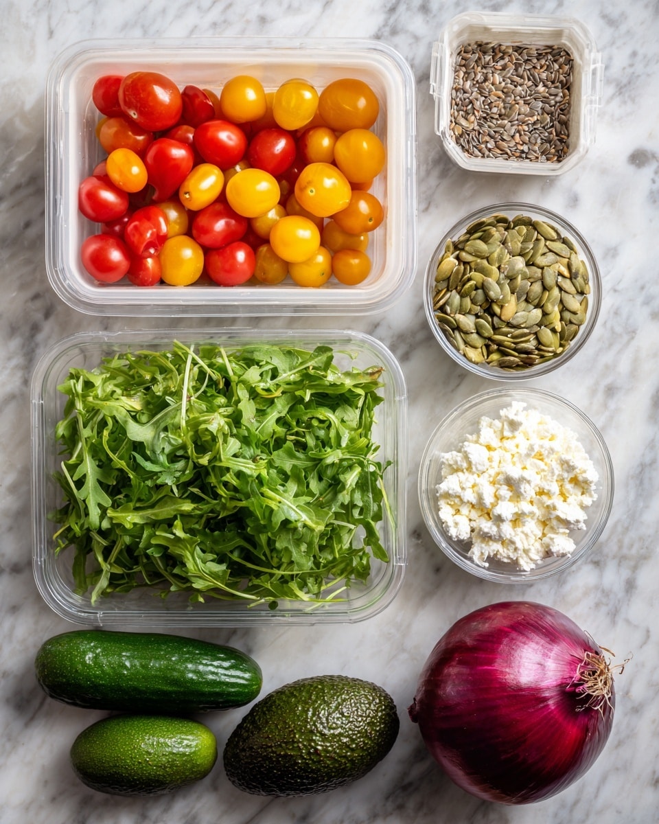 The image shows fresh salad ingredients arranged on a white marbled surface. In the center, there is a clear plastic container filled with dark green baby arugula leaves. To the top left, a white container holds red and yellow cherry tomatoes. Below the arugula container, two dark green avocados lie side by side. Next to the avocados, two small cucumbers are placed horizontally. Towards the top right, a small bowl contains light brown pumpkin seeds, and next to it, another bowl is filled with crumbly white cheese. On the right side of the image, a whole red onion with shiny skin rests separately. photo taken with an iphone --ar 4:5 --v 7