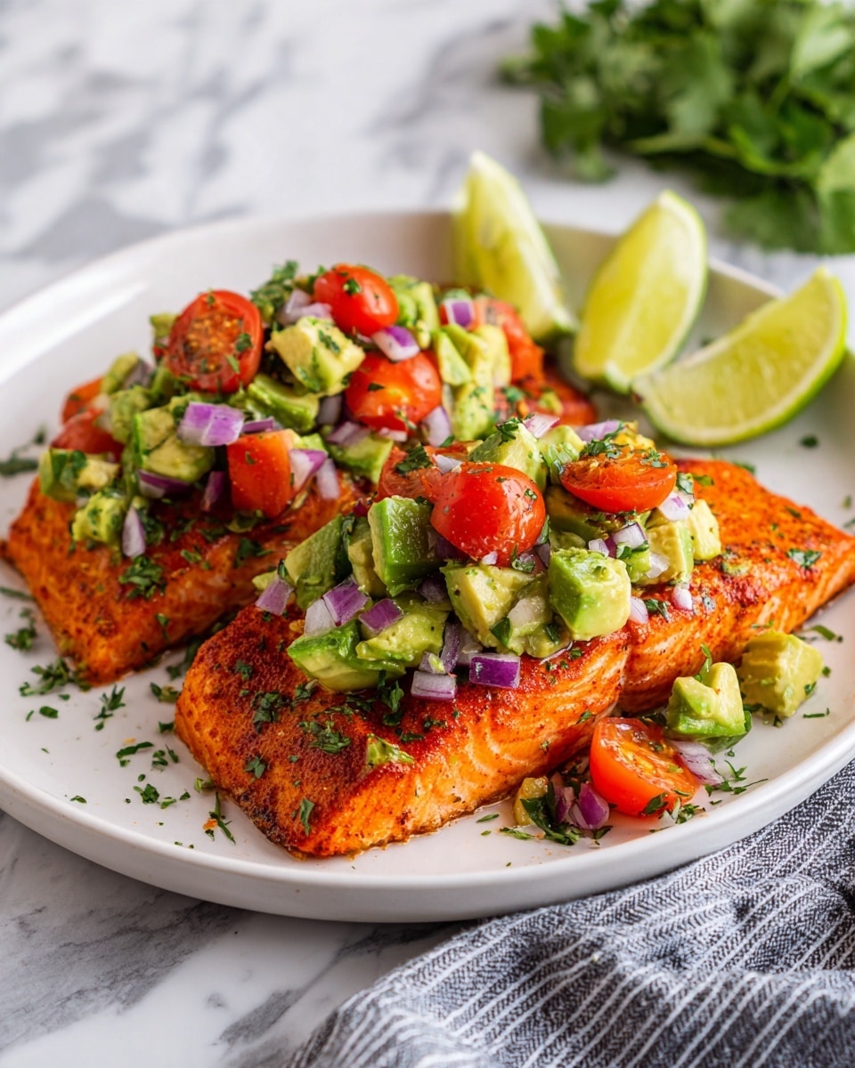 Two pieces of cooked salmon with a bright orange-red seasoning and a slightly crispy texture form the base layer on a white plate. On top of each salmon piece is a thick pile of chunky avocado salsa made from diced green avocados, halved red cherry tomatoes, finely chopped purple onions, and sprinkled fresh green herbs. To the upper right of the plate, three lime wedges add a fresh light green color. The plate sits on a white marbled surface with a blurred green herb in the background. A striped gray and white cloth napkin is partially visible in the lower right corner. Photo taken with an iphone --ar 4:5 --v 7