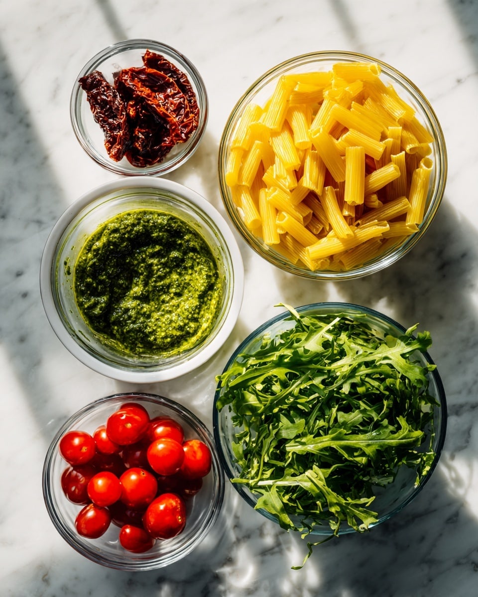 Five clear glass bowls are placed on a white marbled surface. The largest bowl on the top right holds yellow, tube-shaped uncooked pasta. To its left, a smaller bowl contains dark red sun-dried tomatoes. Below the pasta is a white bowl filled with bright green pesto sauce with a smooth, slightly chunky texture. Next to the pesto, there is a medium bowl full of fresh green arugula leaves that look crisp. At the bottom left, a glass bowl holds small, round, shiny red cherry tomatoes. The sunlight casts soft shadows, adding depth and warmth to the scene. photo taken with an iphone --ar 4:5 --v 7