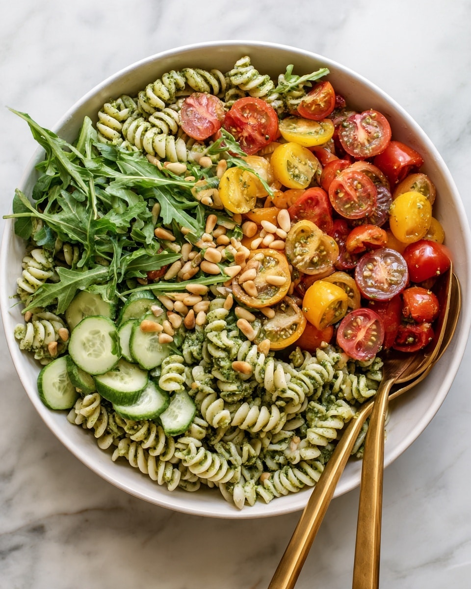 A white bowl full of pasta salad with three layers: the bottom layer has green spiral pasta mixed with green pesto sauce, the middle layer has sliced red and yellow cherry tomatoes and pieces of sliced cucumber, and the top layer is scattered with fresh green basil leaves, pine nuts, and arugula leaves. A pair of golden serving spoons rests inside the bowl. The bowl is placed on a white marbled surface. photo taken with an iphone --ar 4:5 --v 7
