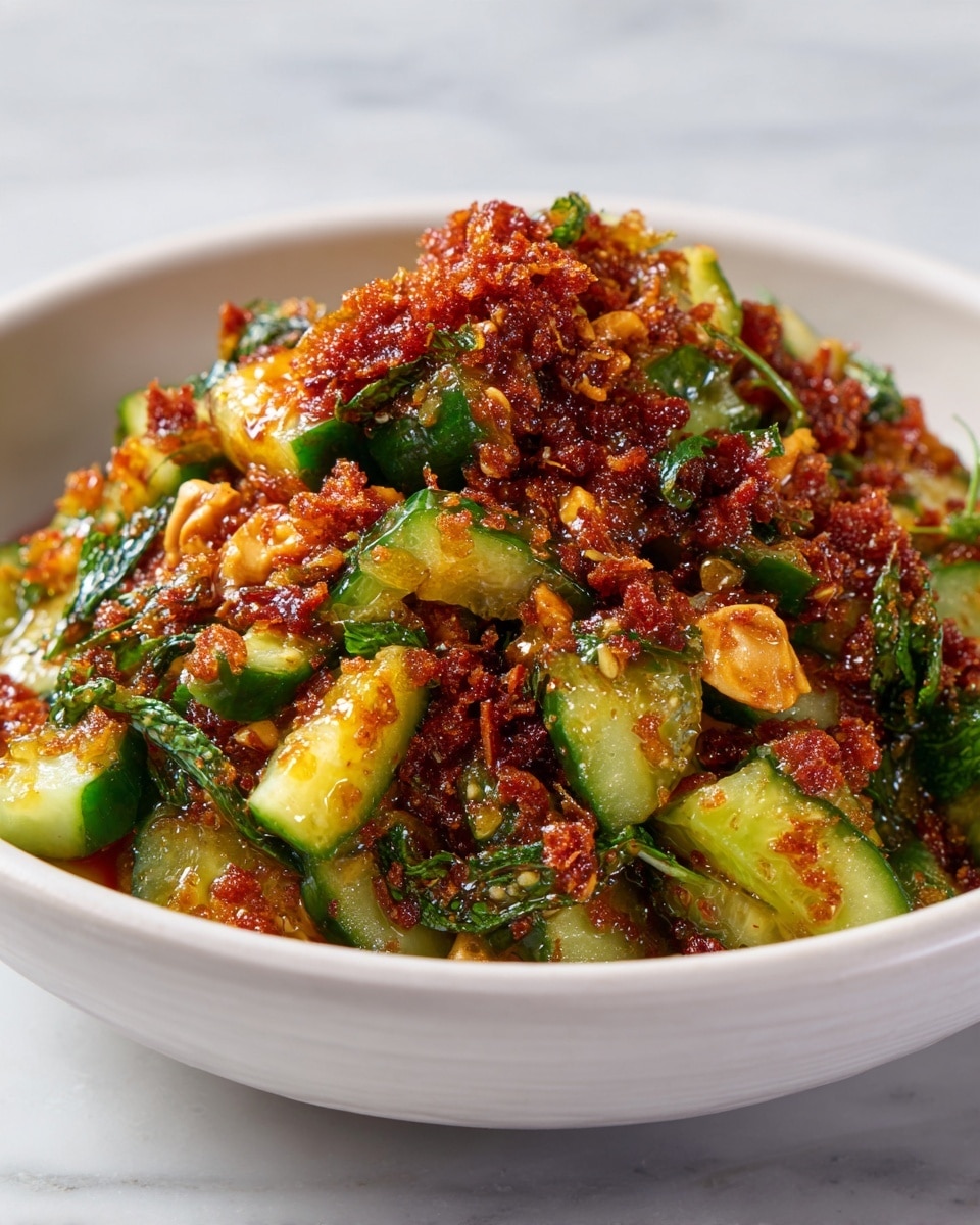 The image shows a close-up of a mixed vegetable and nut dish with many small pieces layered closely together. The base layer has light green cucumber pieces with a smooth texture, mixed with some fresh, darker green herbs that add a leafy touch. Scattered throughout are small pale yellow chunks adding to the mix’s bulk. Over this base is a top layer of reddish-brown crispy bits that look crunchy, likely fried or caramelized, giving the dish a rich textured look. The shiny glaze covering parts of the ingredients suggests a sticky, flavorful sauce binding everything together. All ingredients sit inside a white bowl on a white marbled surface. Photo taken with an iphone --ar 4:5 --v 7