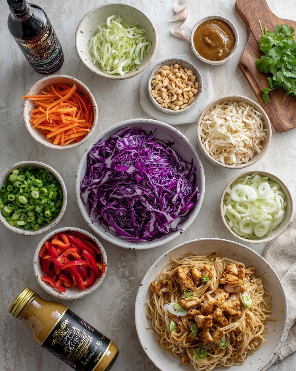 The image shows a white marbled surface with many small white bowls arranged neatly, each holding a different ingredient. There is a bowl of thinly sliced purple cabbage in the center, surrounded by bowls containing sliced red bell peppers, shredded carrots, sliced green onions, sliced radishes, and crushed peanuts. A larger white bowl holds cooked noodles on the right side, and another white plate contains grilled chicken pieces near the bottom. Two bottles are placed among the bowls: one bottle of sesame Asian dressing standing upright near the purple cabbage, and another bottle of grapeseed oil on the left side. A jar of peanut butter with a green lid lies next to the grapes seed oil bottle. At the top right corner, a small dish of sauce and some fresh green cilantro on a small wooden board are visible. Photo taken with an iphone --ar 4:5 --v 7
