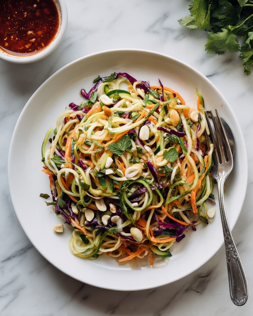 A white plate holds a colorful salad made of thin noodle-like strips layered with green cucumber, orange carrot, and purple cabbage mixed together. Small white nuts are scattered on top along with bits of fresh green herbs. To the right side of the plate, a silver fork rests partially in the food. In the background, there is a small bowl of red sauce and some green leafy herbs on a white marbled surface. Photo taken with an iphone --ar 4:5 --v 7