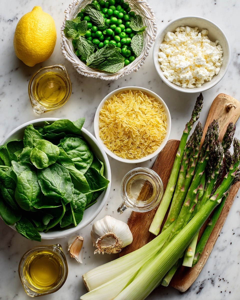 The image shows fresh ingredients arranged neatly on a white marbled surface. There is a white bowl filled with bright green spinach leaves in the bottom left corner and a white basket with mixed green herbs, including mint and parsley, in the top left. A medium glass bowl with small yellow orzo pasta sits near the middle, next to a whole yellow lemon. Two white bowls are visible on the right side, one filled with white crumbled cheese at the top and another with green peas at the bottom. A wooden cutting board holds green asparagus spears, a thick white and green leek, and two garlic cloves placed on its white marbled surface. There is a small glass cup with golden oil and a tiny glass container with salt near the top center. On the far right, a clear glass measuring cup contains light yellow liquid. The photo taken with an iphone --ar 4:5 --v 7