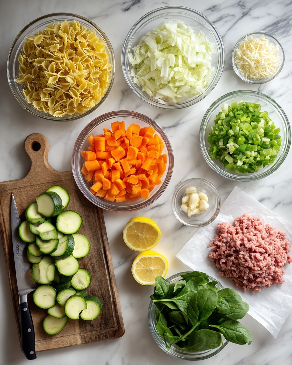 The image shows several ingredients arranged on a white marbled surface. In the top center, there is a clear round bowl filled with small yellow pasta pieces. To its left, two other clear bowls contain finely chopped white onions and shredded cheese. Below the pasta, a bowl holds bright orange chopped carrots, and next to it is a bowl with light green chopped celery. Near the bottom left, a wooden cutting board displays sliced green zucchini with a knife resting on it. To the right of the cutting board, there is a small bowl of minced garlic and two halves of a lemon placed side by side. On the bottom right corner, a layer of light pink ground meat lies on parchment paper. Fresh green spinach leaves are spread out on the top right. All the bowls are clear and the surface beneath is white marbled. photo taken with an iphone --ar 4:5 --v 7
