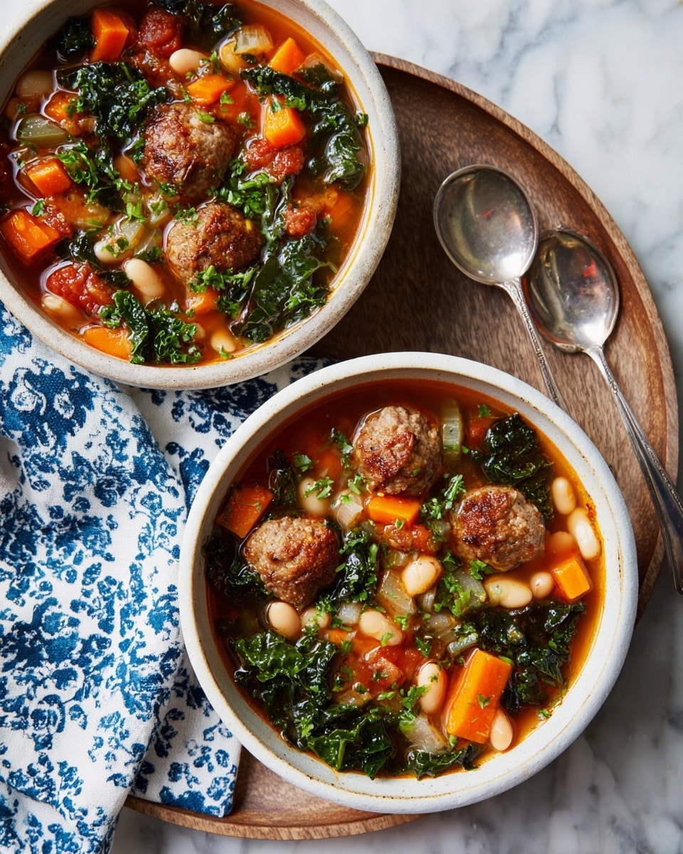 Two white bowls filled with soup sit on a round wooden tray over a white marbled surface with a blue and white patterned cloth nearby. Each bowl has a rich reddish-orange broth with visible layers of chunky ingredients including small orange carrot cubes, white beans, light green celery pieces, bright green leafy kale, and browned meatball pieces. The soup is topped with finely chopped fresh green herbs. One bowl has a spoon inside, slightly submerged in the soup. There is a woman’s hand gently holding one of the bowls. Photo taken with an iphone --ar 4:5 --v 7