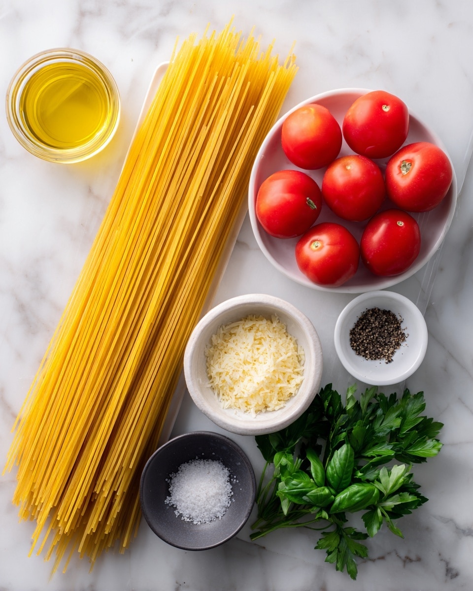 A rectangular white plate on a white marbled surface holds long uncooked yellow spaghetti strands neatly aligned side by side, showing their thin, smooth texture. To the right, a group of ten bright red Roma tomatoes with smooth, shiny skins sit clustered on the white marbled background. Above the tomatoes, a small round white bowl contains finely chopped light beige garlic. Next to it, another small round white bowl holds a pale yellow grated cheese with a fluffy texture. Nearby is a small dark gray bowl with white salt and black pepper arranged side by side. Fresh green basil and parsley sprigs with textures showing detailed veins and layers are placed next to the tomatoes and seasonings. To the upper left of the herbs, a small transparent glass container filled with golden olive oil is placed on the white marbled surface. photo taken with an iphone --ar 4:5 --v 7