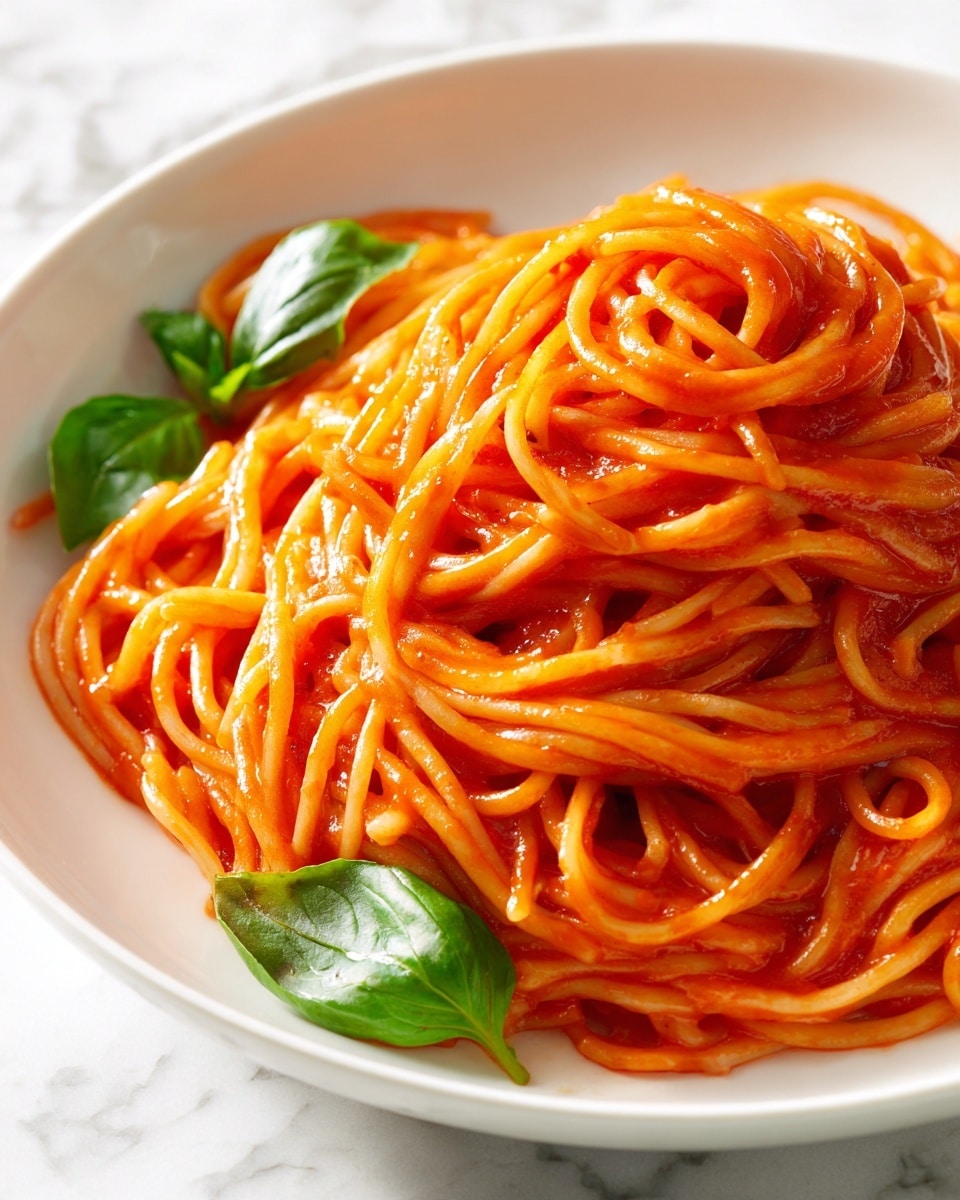 A white plate holds a pile of spaghetti noodles coated evenly in bright red tomato sauce, creating a shiny, smooth texture. The spaghetti strands are twisted loosely in a mound with soft curves and a light glossy finish. There are two fresh green basil leaves placed on the side of the plate, adding a pop of color. The plate sits on a white marbled surface, with warm lighting enhancing the rich colors of the food. photo taken with an iphone --ar 4:5 --v 7