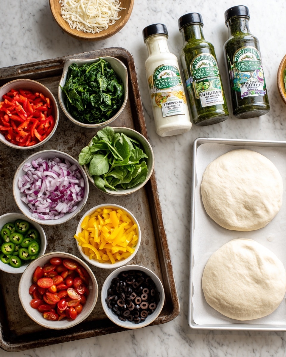 The image shows a white marbled surface with various white bowls arranged on a dark tray. The bowls contain chopped red bell peppers, fresh green lettuce, chopped spinach, diced red onions, sliced black olives, chopped yellow peppers, halved cherry tomatoes, and sliced jalapeños. Next to the tray, there are three bottles of salad dressings with green labels: ranch, Italian, and French. To the right, there is a white parchment-lined baking tray holding two plain, round, uncooked pizza dough bases. A woman's hand is not visible in the scene. The overall setup looks clean and organized, ready for making a fresh vegetable pizza. photo taken with an iphone --ar 4:5 --v 7
