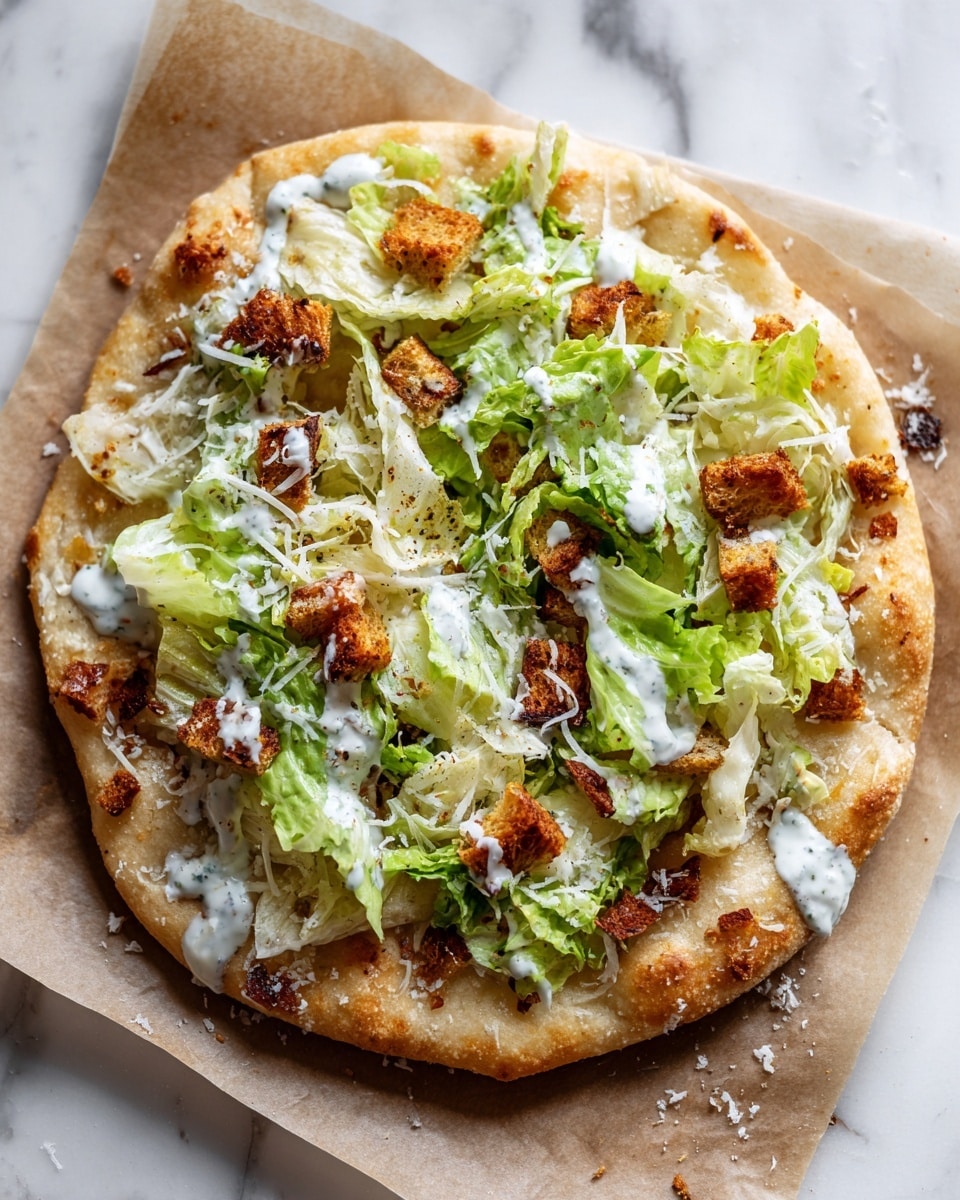 The image shows a flat round pizza with a golden-brown crust on a piece of brown parchment paper resting on a white marbled surface. The pizza is topped with a mix of light green leafy lettuce and fresh white shredded cheese scattered unevenly. There are small, toasted brown croutons spread across the top, with a creamy white dressing drizzled over the pizza and some drips on the parchment paper. The textures include the crispy edges of the crust, soft lettuce leaves, crunchy croutons, and smooth dressing. photo taken with an iphone --ar 4:5 --v 7