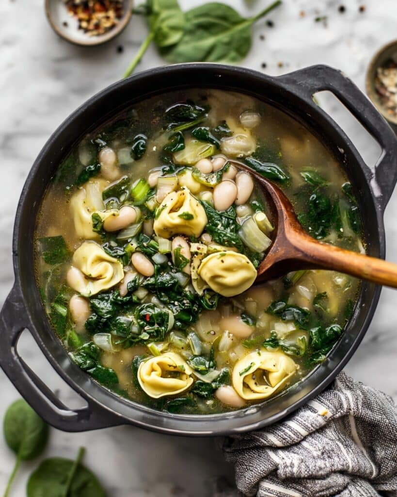 Brothy Tortellini Soup with Spinach and White Beans Recipe