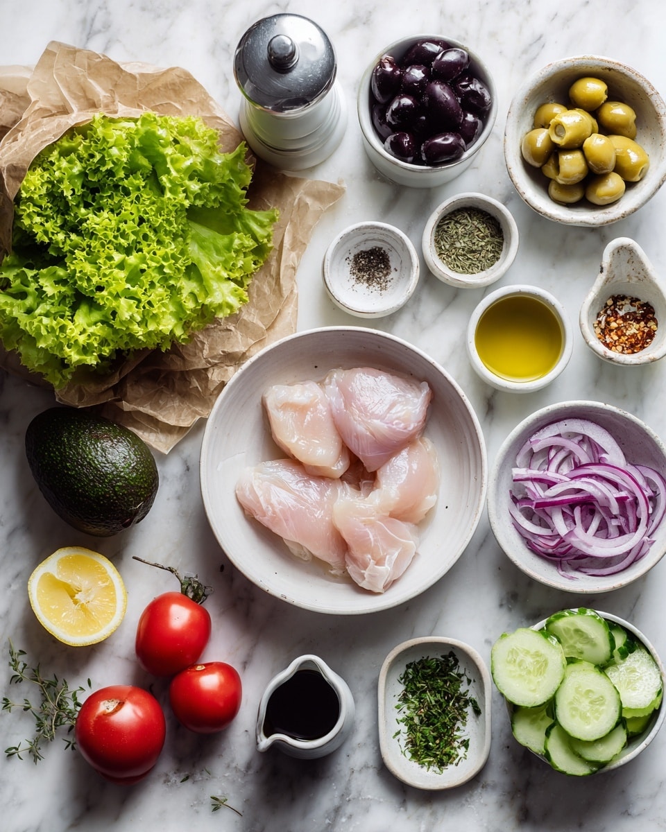 The image shows several ingredients arranged neatly on a white marbled surface. In the center, there is a white bowl with four pieces of raw light pink chicken. Around it, there is a bunch of green lettuce wrapped in brown paper on the left, two red tomatoes and a whole green avocado beside the bowl. To the right, there are three small white bowls containing sliced purple onion, lemon wedges, and chopped cucumber. Above these are several small bowls with cooking elements like black olives, green herbs, minced garlic, honey, coarse salt, dark soy sauce, black ground pepper, and a herb mix. There are also a white small jug with a dark liquid and a silver pepper grinder on the top left. The arrangement is clean and organized with clear colors and textures. photo taken with an iphone --ar 4:5 --v 7