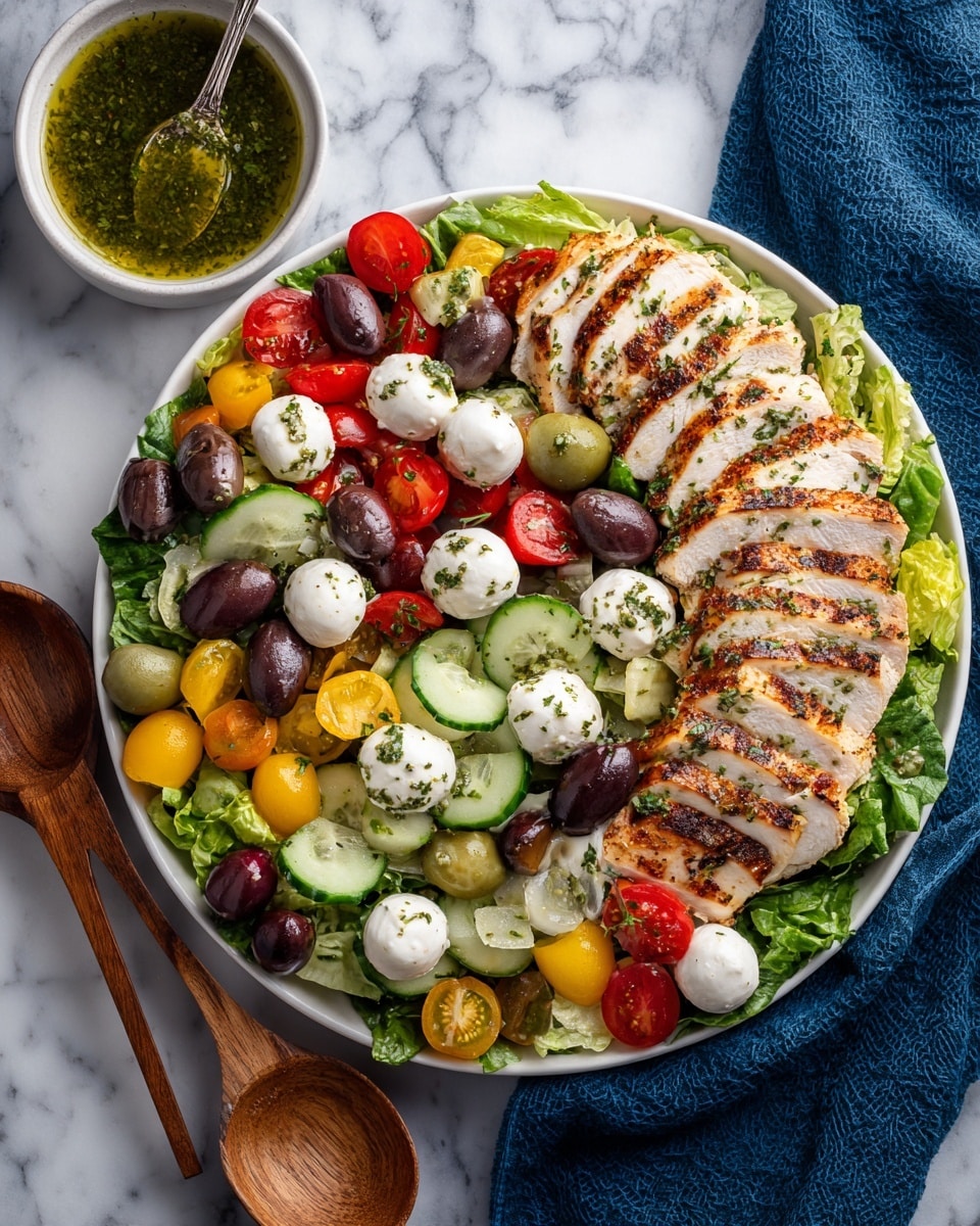 A white round plate is filled with a fresh salad layered with green leafy lettuce at the bottom, topped with an assortment of halved red, yellow, and green cherry tomatoes, sliced cucumber pieces, small white mozzarella balls, and pitted black and green olives. On top, there are several slices of grilled chicken with a golden-brown and slightly charred surface, sprinkled lightly with herbs. Two wooden salad spoons rest on the side of the plate. Next to the plate is a small white bowl filled with a green dressing and a silver spoon inside. The whole setup is placed on a white marbled surface with a dark blue cloth partially under the plate. Photo taken with an iphone --ar 4:5 --v 7