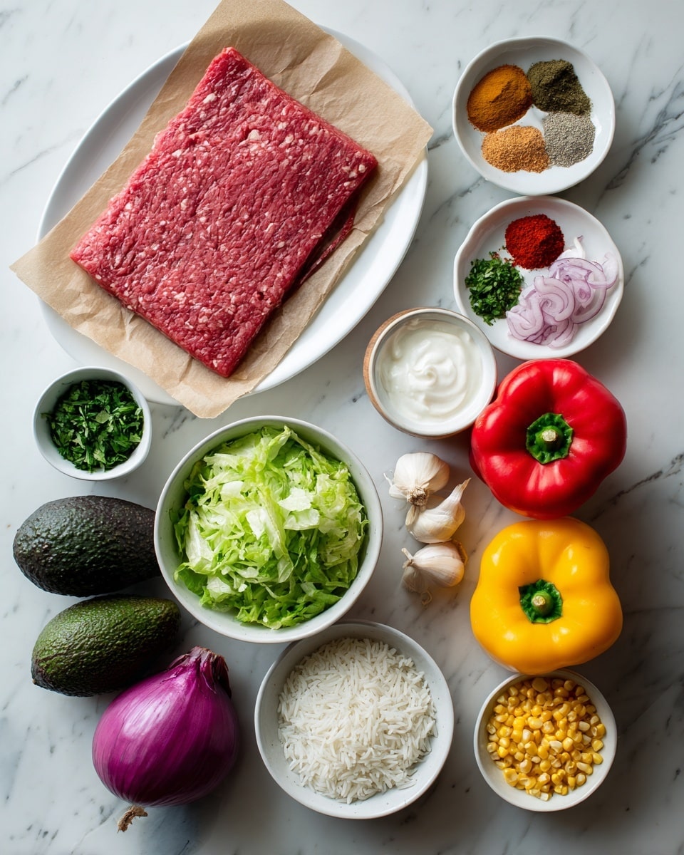 A white plate holds a thin, large red raw meat sheet placed over a piece of brown parchment paper in the upper left. To its right, a small white bowl contains six colorful spices arranged like flower petals, including red, yellow, brown, and beige powders. Next to it, a white bowl holds smooth, white sour cream. Below, a medium white bowl is filled with light and dark green chopped lettuce. Beside it, a smaller white bowl is full of finely chopped red tomato, white onion, and green herbs. Four garlic cloves lie nearby on the white marbled surface. Two whole dark green avocados sit together below the bowls. Three bell peppers in red, yellow, and green rest on the lower left, and a medium purple onion is beside them. At the bottom right, two small white bowls contain yellow corn kernels and white rice respectively. The image is set on a white marbled surface. Photo taken with an iphone --ar 4:5 --v 7