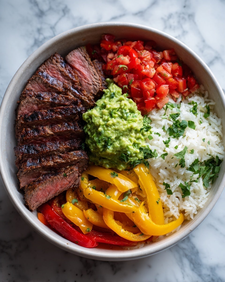 A round white bowl filled with a colorful meal is placed on a white marbled surface. Inside, thin slices of medium-cooked steak with a pink center and grill marks are laid in the top left section. Next to the steak, on the top right, are bright red chopped tomatoes. On the bottom right, fluffy white rice with green herbs is placed. Below the steak, there is a mix of cooked bell peppers, yellow and red, sliced into strips with a slightly glossy look. On the top edge, a thick green guacamole with some texture sits next to the steak. The dish is fresh and vibrant. Photo taken with an iphone --ar 4:5 --v 7