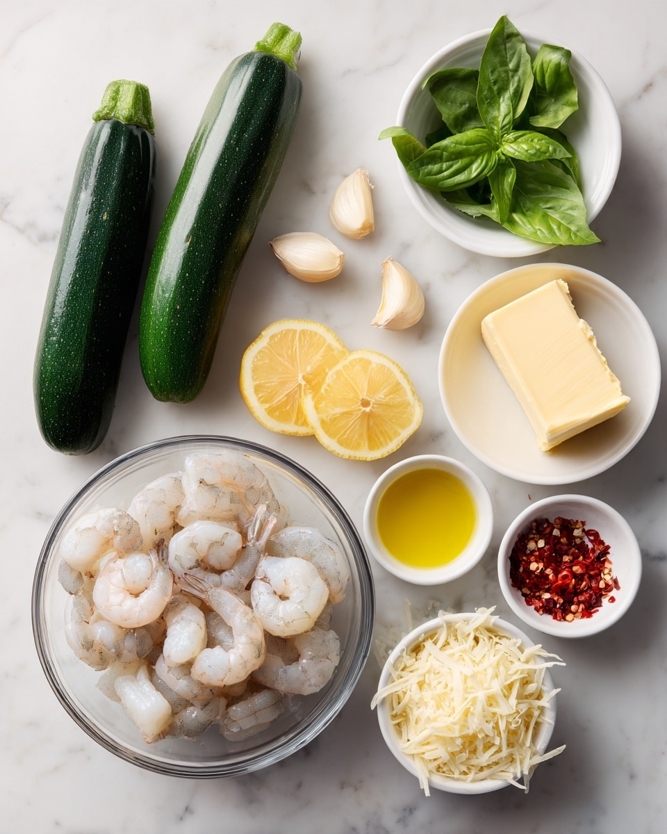 The image shows several ingredients neatly arranged on a white marbled surface. There are two dark green zucchinis placed to the left. Next to them are small white bowls containing fresh green basil leaves, three cloves of garlic, and three lemon wedges. Below is a clear glass bowl filled with raw shrimp, pale gray and slightly translucent. Surrounding the shrimp are smaller bowls holding a light yellow pat of butter, a small amount of red chili flakes, shredded white cheese, a mix of cream and milk, and a small bowl of olive oil. The layout is clean and organized, showing the ingredients clearly for a simple shrimp dish photo taken with an iphone --ar 4:5 --v 7