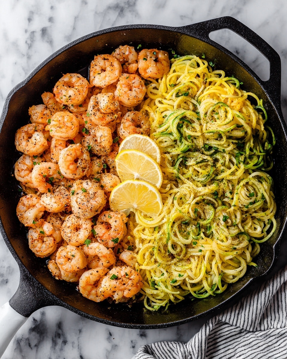 A black skillet contains two main parts side by side. On the left, there is a layer of cooked shrimp with a pink-orange color and black pepper sprinkled on top, garnished with small bits of green herbs. On the right, there is a pile of yellow and green spiralized noodles mixed together, also topped with some herbs and black pepper. Two lemon slices rest at the bottom center between the shrimp and noodles. The skillet is placed on a white marbled surface with a striped cloth peeking in from the bottom right edge. Photo taken with an iphone --ar 4:5 --v 7