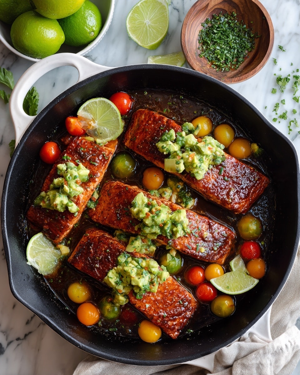 A white cast iron skillet holds three dark reddish-brown grilled salmon fillets with a slightly crispy surface, topped with a fresh, chunky avocado salsa that includes small green avocado pieces, halved red and yellow cherry tomatoes, and finely chopped herbs. Around the fillets are several bright green lime wedges, adding a fresh pop of color. The skillet sits on a white marbled surface, with a small white bowl containing lime wedges and herbs placed nearby, along with whole limes and a small wooden bowl of grated lime zest scattered around. photo taken with an iphone --ar 4:5 --v 7