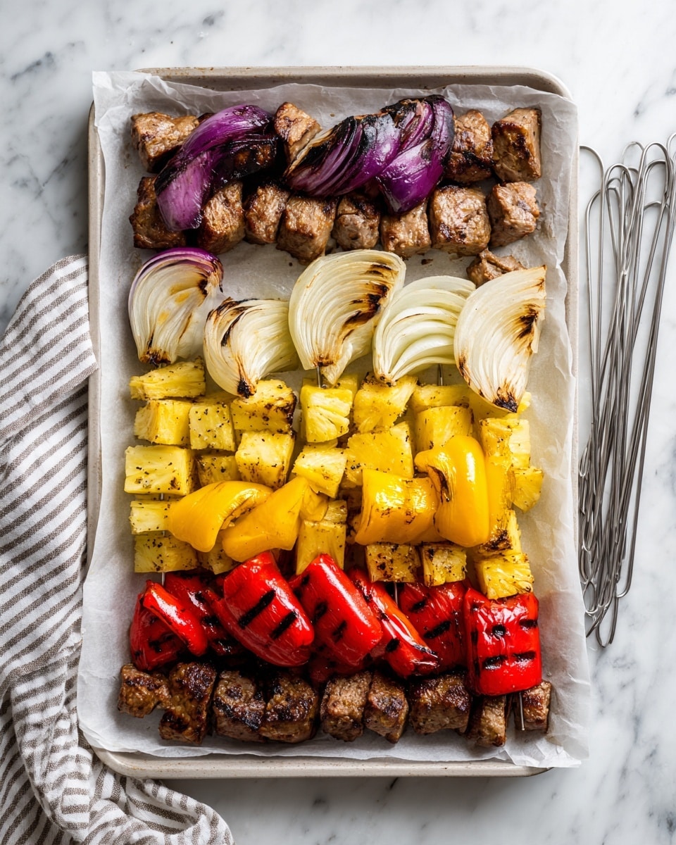 A white baking tray lined with white parchment paper holds four groups of grilled food arranged in rows from top to bottom: purple and white grilled onion wedges with charred edges, small tan grilled meat pieces with browned edges, bright yellow grilled pineapple chunks with grill marks, and red grilled bell pepper pieces with blackened spots. To the right of the tray are four silver metal skewers resting on the edge. The tray is set on a white marbled surface with a striped cloth napkin on the lower left side. photo taken with an iphone --ar 4:5 --v 7