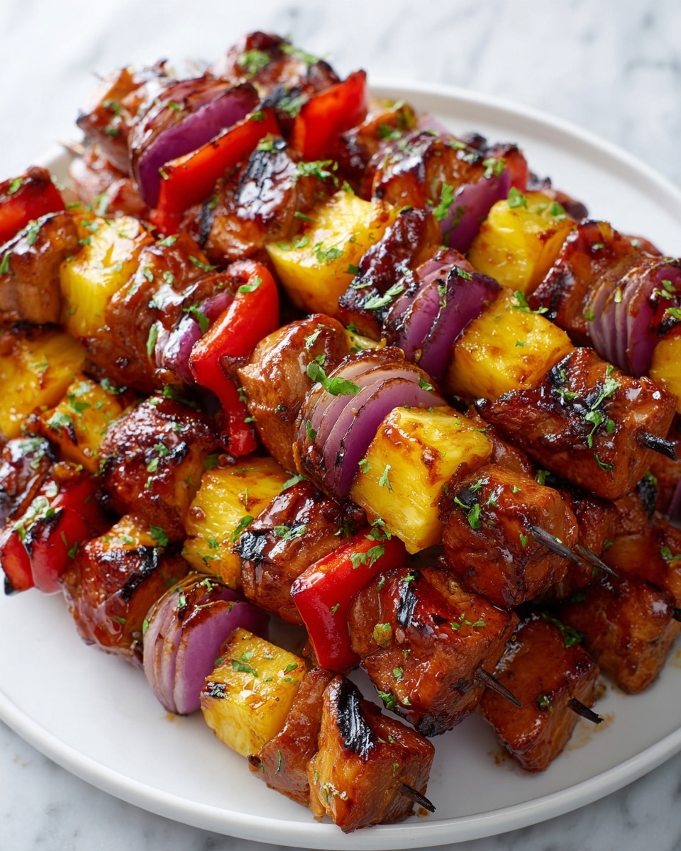 The dish shows multiple skewers stacked closely on a white plate, each skewer layered with juicy, glossy brown pieces of marinated chicken, bright yellow chunks of pineapple, and slices of red bell pepper and purple onion evenly spaced in between. The chicken pieces are rich in color with a shiny glaze that makes them look tender and moist. The pineapples add a soft yellow contrast, while the red bell peppers and purple onions bring vibrant red and purple hues. The background is a white marbled texture, giving a clean and fresh look to the presentation. photo taken with an iphone --ar 4:5 --v 7