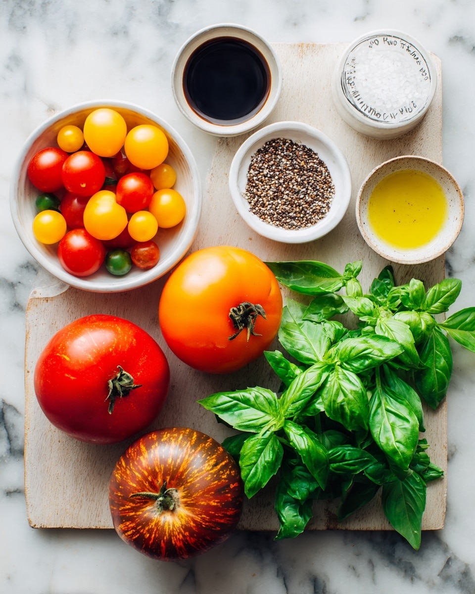 The image shows a wooden table with a small white bowl of colorful cherry tomatoes, including yellow, red, and orange ones, on the left side. Near the center are three whole tomatoes of different sizes and colors: red, orange, and a striped dark red. On the right side, there is a bunch of fresh green basil leaves with round and slightly shiny leaves. Above the tomatoes are three small round white bowls or containers: one has a dark liquid, another filled with a mix of seeds, and the last one is a white container with a label. There is also a small glass with yellow oil. The background is a white marbled texture. photo taken with an iphone --ar 4:5 --v 7