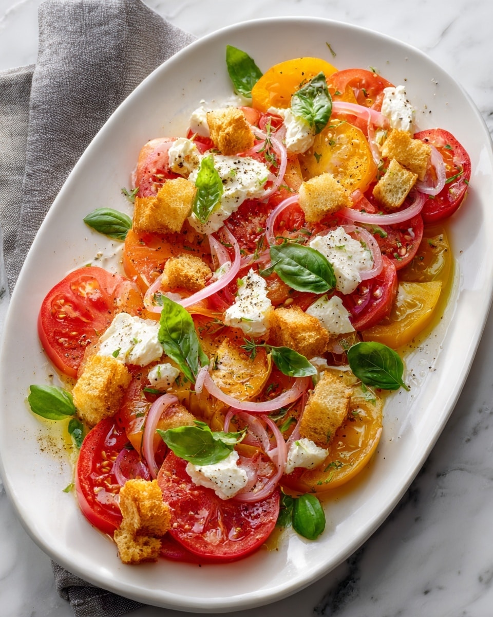 The dish is on an oval white plate decorated with colorful floral patterns. The base layer consists of sliced red and yellow tomatoes arranged evenly across the plate. Thin, curled light pink onion slices are scattered on top of the tomatoes. There are dollops of white soft cheese placed in several spots across the dish. Small, golden brown crispy croutons are sprinkled all over. Bright green basil leaves are distributed evenly around the plate as a fresh garnish. The whole dish is lightly drizzled with olive oil and sprinkled with black pepper. The plate sits on a white marbled surface with a folded gray cloth napkin beside it. photo taken with an iphone --ar 4:5 --v 7