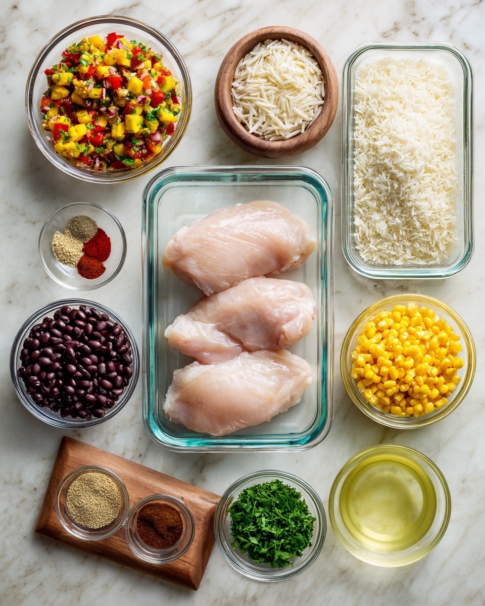 The image shows a white marbled surface with several clear glass bowls arranged neatly. At the center is a rectangular glass container holding two raw, pale pink chicken pieces. Surrounding this, there is one round bowl filled with off-white cooked rice to the top right, and another bowl above with small, bright yellow diced pieces. To the left, there is a round bowl with a colorful, chunky salsa containing red, yellow, and green bits. Below this are two more round bowls, one filled with black beans and the other with yellow corn kernels. Below the chicken container are two small round bowls, one with finely chopped green herbs and the other with minced light yellow garlic. A small bowl with clear lemon juice is to the right of the chicken. To the left, there is a wooden board holding four different spices in small piles colored white, black, brown, dark red, and bright red. The overall layout is tidy and bright. Photo taken with an iphone --ar 4:5 --v 7