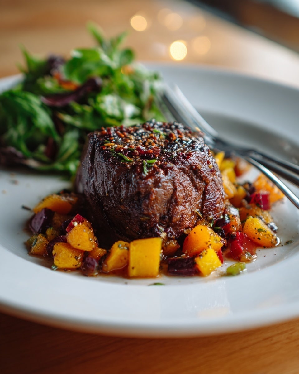 A single piece of dark brown, well-spiced cooked meat lies in the center of a white plate, covered with small cubes of yellow and reddish vegetables on top and around it. The meat has a textured, slightly crispy surface with visible seasoning. There is a mixture of greens and salad in the background, out of focus, and a silver fork rests near the meat on the plate. The plate is placed on a wooden surface with a soft, warm light visible in the scene. Photo taken with an iphone --ar 4:5 --v 7