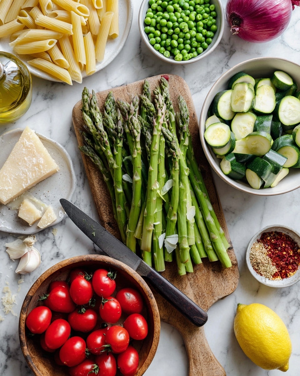 The image shows a flat lay of fresh cooking ingredients on a white marbled surface. At the center is a wooden cutting board with fresh green asparagus spears spread out, some trimmed with a dark-handled knife resting on the board. To the right on the board is a white bowl filled with sliced light green zucchini and pieces of garlic. Below the board is a small wooden bowl of bright green peas. Above and to the right is a white bowl full of vibrant red cherry tomatoes on the vine. On the left side, there is a piece of Parmesan cheese and a small bowl of red chili flakes placed on a white plate with rice grains. Also present is a clear glass container filled with uncooked penne pasta and a bottle of olive oil. A halved red onion and bright yellow lemon halves complete the colorful fresh ingredients. The overall setup is bright and fresh, with varied textures and colors arranged neatly. photo taken with an iphone --ar 4:5 --v 7