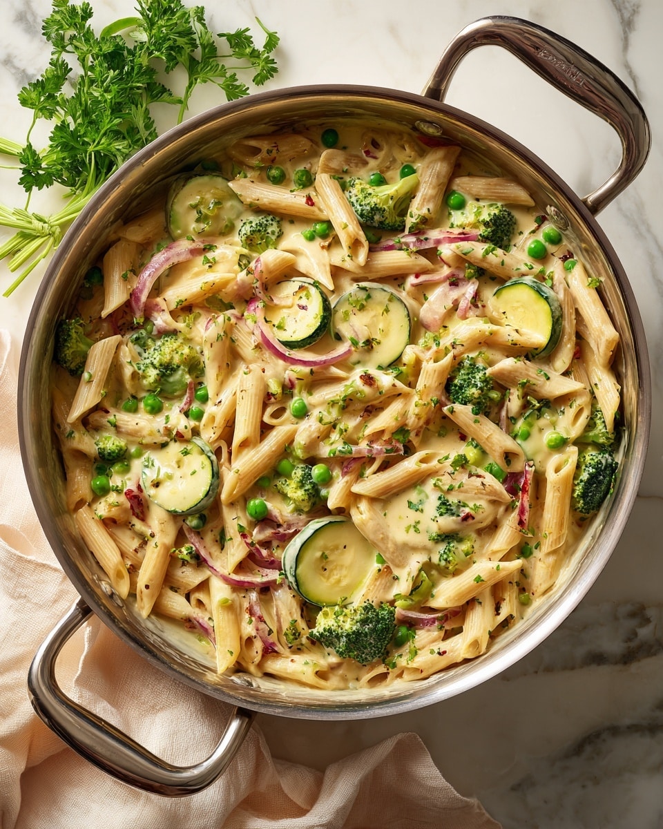A large silver pan filled with creamy pasta made of about thirty penne pieces in a light beige sauce, mixed with colorful vegetables spread evenly through the dish. Bright green broccoli florets and peas are scattered throughout, along with curved slices of zucchini showing green skin and light flesh. There are also thin strips and chunks of red bell pepper and thin slices of red onion, adding red and purple tones. The sauce looks smooth and slightly thick, coating everything with small green herb specks on top. The pan sits on a white marbled surface, with a pale cream cloth and a sprig of parsley nearby. photo taken with an iphone --ar 4:5 --v 7