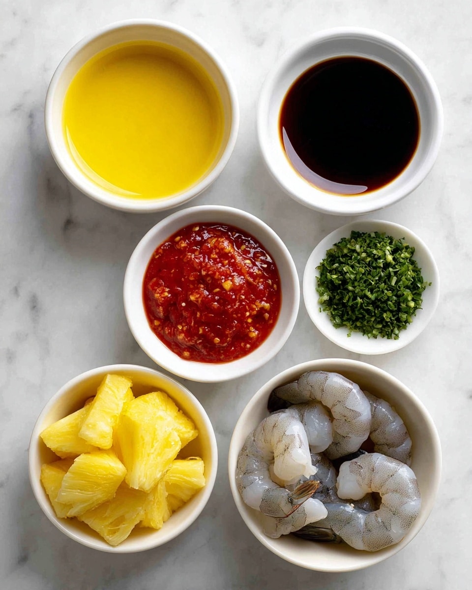 The image shows five small white bowls arranged on a white marbled surface. The top left bowl holds a bright yellow liquid with a smooth texture. To the right, a bowl contains a dark brown liquid with a shiny surface. Below the yellow liquid, there is a bowl filled with small green chopped herbs. In the center, a bowl contains a red sauce with visible small bits, giving it a textured look. The bottom two bowls contain raw gray shrimp with shells on and yellow pineapple chunks. All bowls are evenly spaced and the colors of the ingredients stand out against the white marbled surface and white bowls, photo taken with an iphone --ar 4:5 --v 7