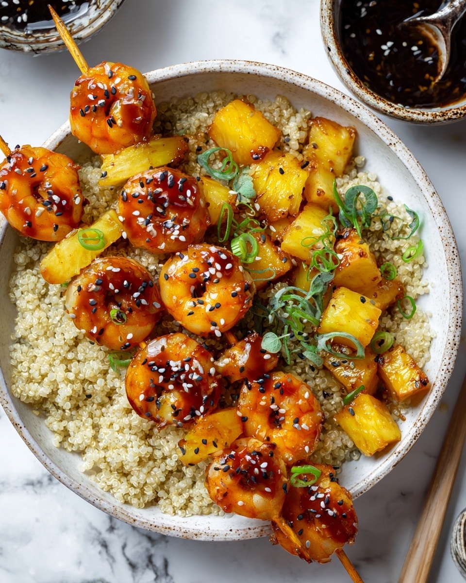 Two skewers of shrimp and golden yellow pineapple chunks glazed in a shiny orange-brown sauce with sprinkled white and black sesame seeds and small green onion rings sit on a bed of fluffy white quinoa scattered with green herb leaves in a textured white bowl. In the top right corner, a small bowl filled with dark sauce is partially visible, all placed on a white marbled surface. Photo taken with an iphone --ar 4:5 --v 7