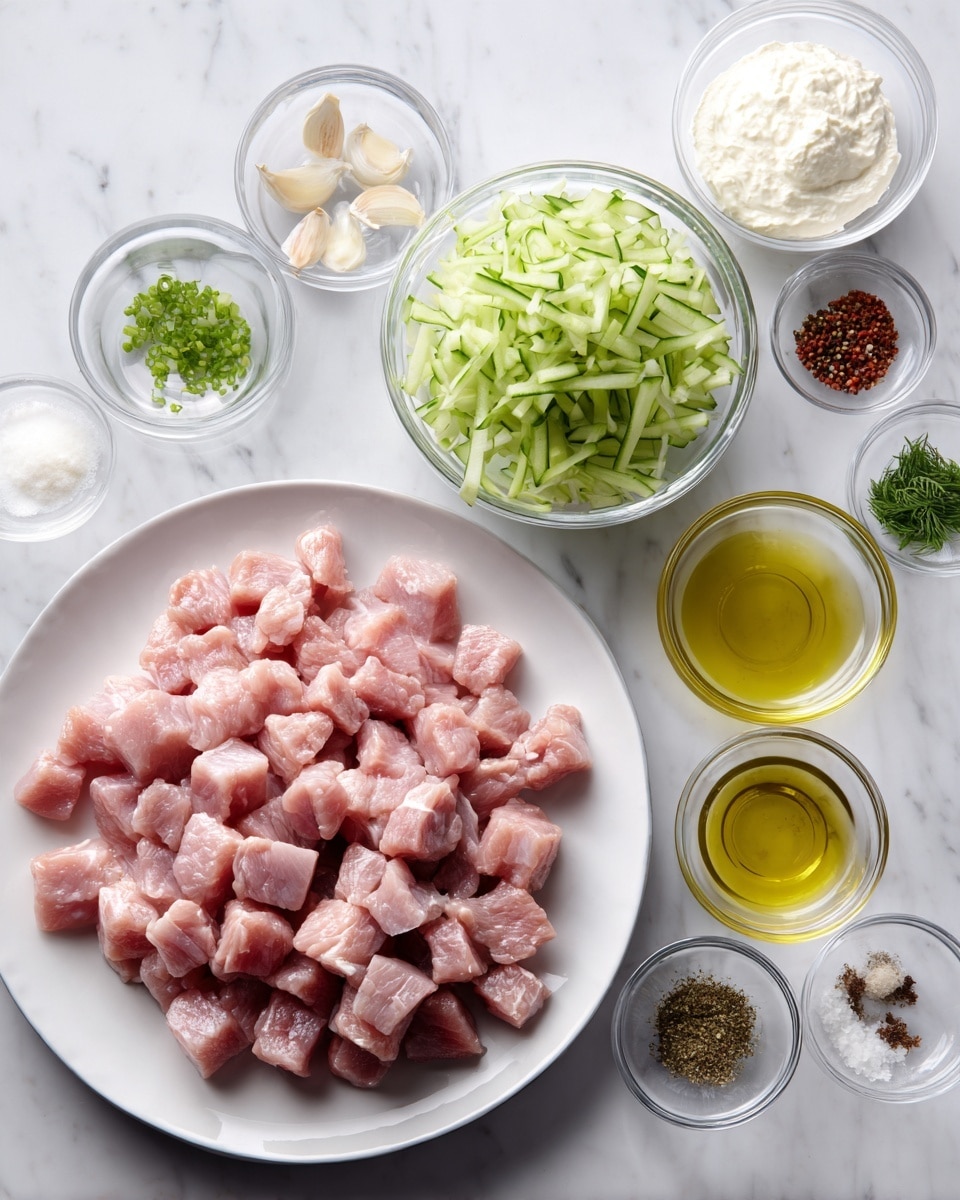 The image shows a white plate full of raw, light pink cubed meat pieces in the bottom left area. Around it, there are small clear glass bowls arranged neatly on a white marbled surface. Above the plate, there is a medium clear bowl filled with light green shredded cucumber. To the right, there are two clear glass bowls, one filled with a thick white creamy substance and another filled with light yellow liquid. Several small clear glass bowls hold spices, finely chopped garlic, and different oils scattered around, creating a neat, organized layout. photo taken with an iphone --ar 4:5 --v 7