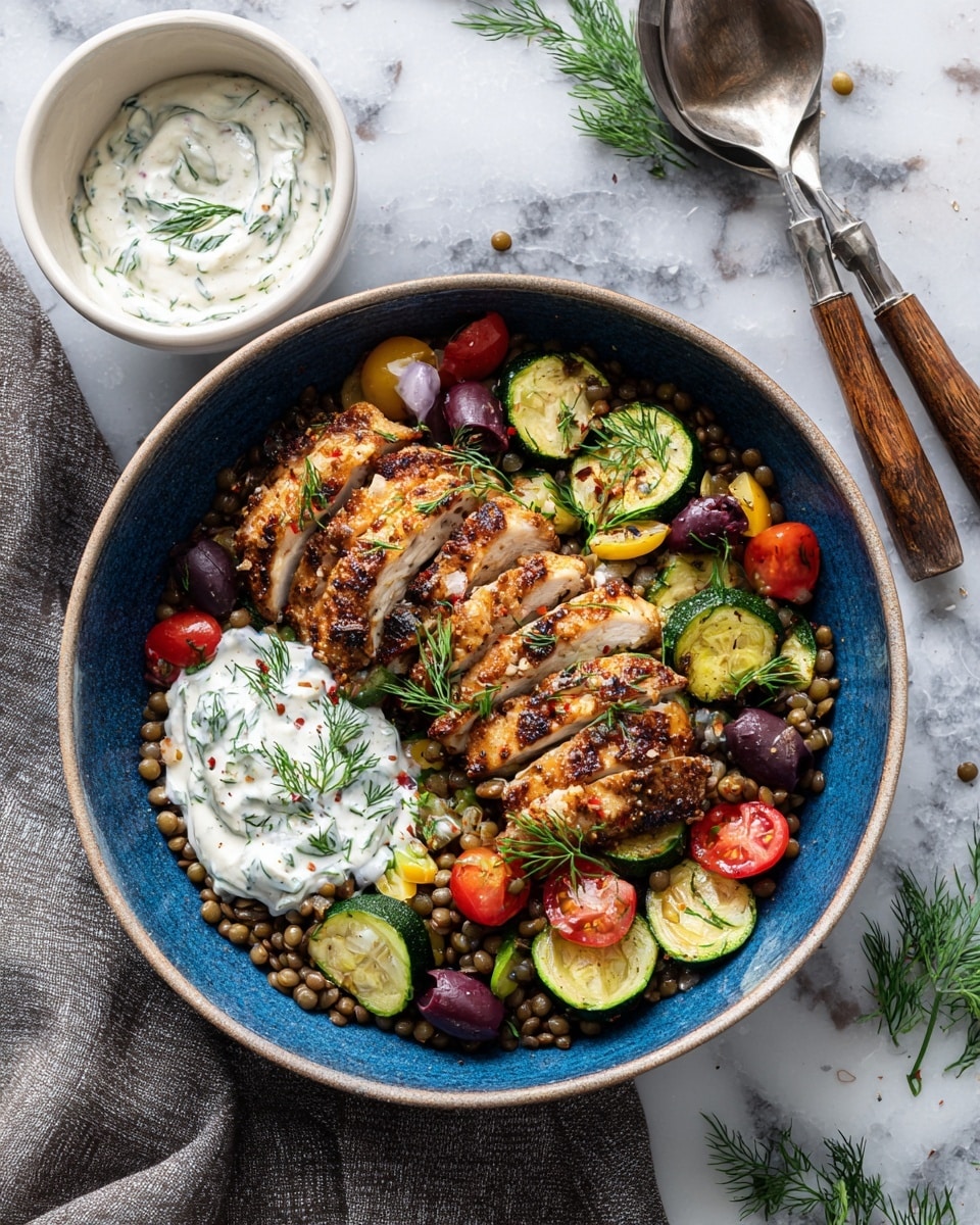 A blue bowl on a white marbled surface holds a colorful dish with four pieces of browned grilled chicken placed on top. Below the chicken is a layer of cooked brown lentils scattered evenly. Mixed in and around the lentils are sliced zucchini, red grape tomatoes, and halved black olives, adding greens, reds, and dark purples. There is a dollop of white creamy sauce with herbs on one side of the chicken, garnished with small green dill leaves spread across the dish. Next to the bowl is a white bowl with extra creamy sauce, silver serving spoons with brown handles on a grey cloth lie nearby. Photo taken with an iphone --ar 4:5 --v 7