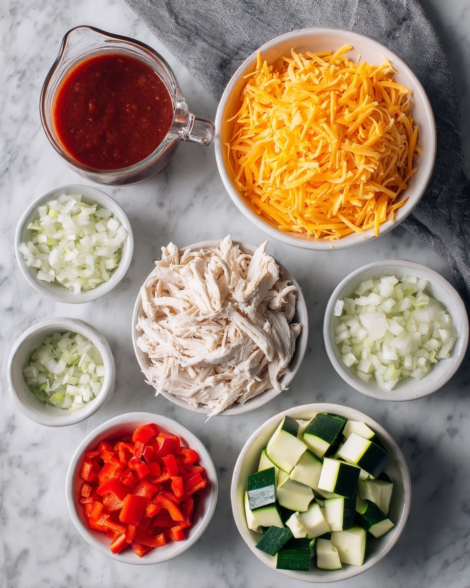 The image shows six bowls placed on a white marbled surface with a gray cloth at the top. In the top right is a large white bowl filled with finely shredded bright orange cheddar cheese. To its left is a clear glass measuring cup with a deep red sauce. Below the cup is a small white bowl containing finely chopped white onions. To the left of the onion bowl is a medium white bowl with shredded light beige chicken. Below the chicken and onion bowls is a small white bowl filled with chopped bright red bell peppers. To the right of the peppers, a large white bowl is filled with chunks of green zucchini with pale inner flesh visible. Photo taken with an iphone --ar 4:5 --v 7