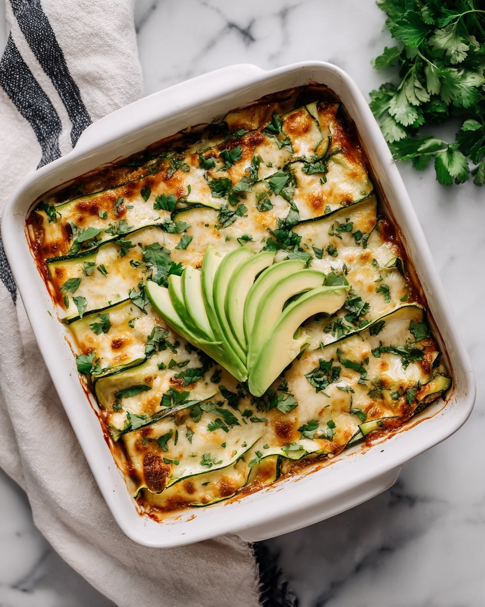 A white square baking dish filled with two layers of rolled zucchini strips arranged side by side, covered with melted light golden cheese, and sprinkled with fresh green cilantro leaves. On top in the center, there are thin slices of avocado fanned out neatly, adding a fresh green touch against the creamy cheese layer. The dish rests on a white marbled surface with a white cloth and a dark striped towel on the side. Photo taken with an iphone --ar 4:5 --v 7