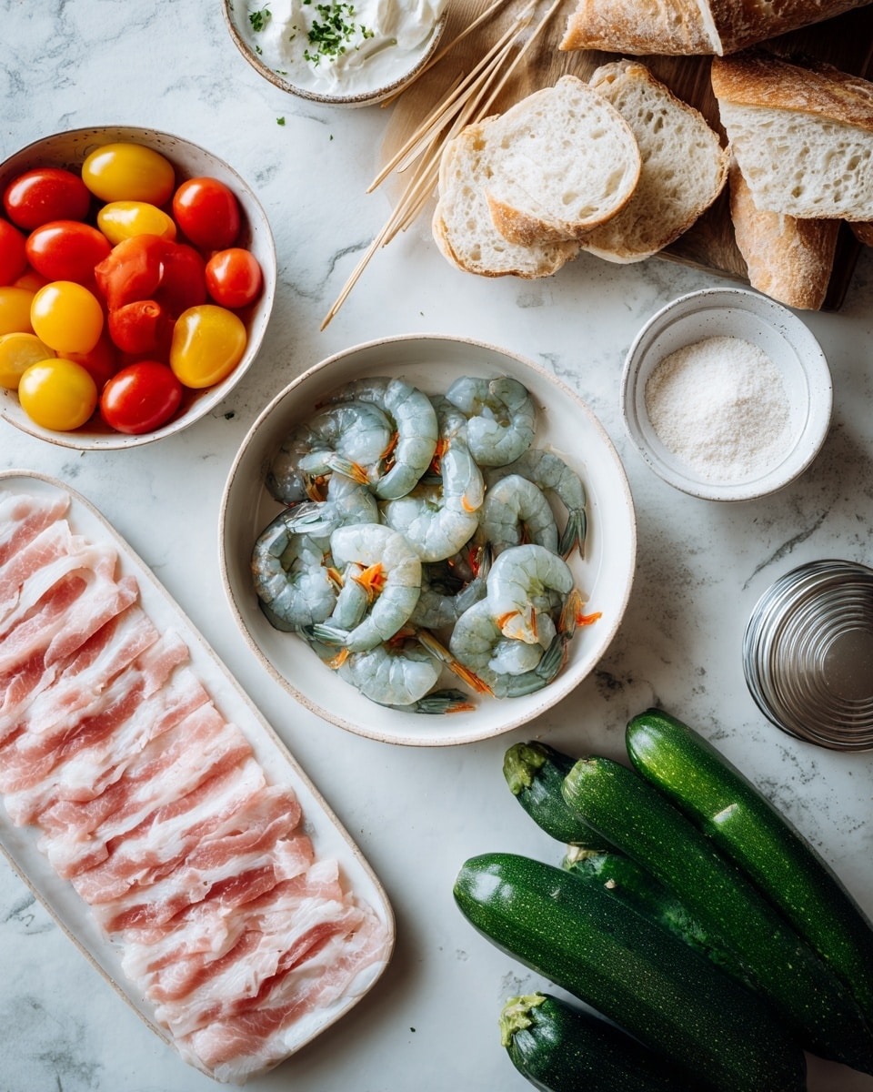 In this image, there is a white plate with thin slices of raw pink and white striped meat arranged flat and side by side on one side, a round white bowl filled with raw shrimp curled up with a grayish-blue color and orange accents, and a small white bowl containing a fine light cream powder. Next to these, a white bowl contains round red and yellow cherry tomatoes, and another white plate has torn pieces of light beige bread arranged loosely. Near the center, there is a bunch of fresh green parsley with two dark green zucchinis placed beside it on a wooden surface, all set against a white marbled texture surface. A woman's hand holding wooden skewers can be seen along with a metal container with a lid sitting on the table. Photo taken with an iphone --ar 4:5 --v 7