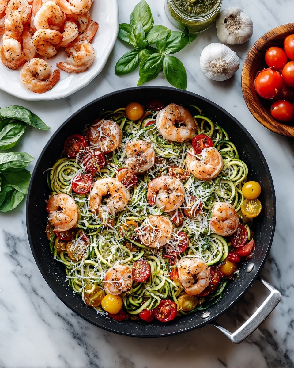 A black pan on a white marbled surface holds a dish with three main layers: the bottom layer is spiral-shaped green zucchini noodles, the middle layer has bright red and yellow cherry tomatoes scattered around, and the top layer consists of pink cooked shrimp evenly placed throughout. The shrimp are sprinkled with white shredded cheese and some black pepper. Next to the pan, on the left side, there is a white plate with more cooked shrimp, and above the pan, fresh green basil leaves are placed on the surface. Small white containers with black pepper and garlic bulbs are also on the white marbled background, along with a jar of green pesto and a wooden bowl filled with cherry tomatoes. Photo taken with an iphone --ar 4:5 --v 7