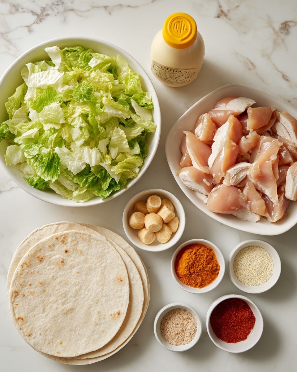 The image shows a white bowl filled with raw, light pink chicken strips placed in the top right corner, next to a tall creamy Caesar dressing bottle with a yellow cap. Below the chicken, there is a white bowl filled with chopped green and light green lettuce leaves. In the bottom left corner, a small white bowl contains round, pale orange croutons. To the right of the croutons, there are two stacked white tortillas lying flat. Near the center right are four small round containers holding different seasonings: bright orange sauce, dark red powder, light brown powder, and beige granules. The entire scene is set on a white marbled surface, presented with clean and fresh colors. photo taken with an iphone --ar 4:5 --v 7
