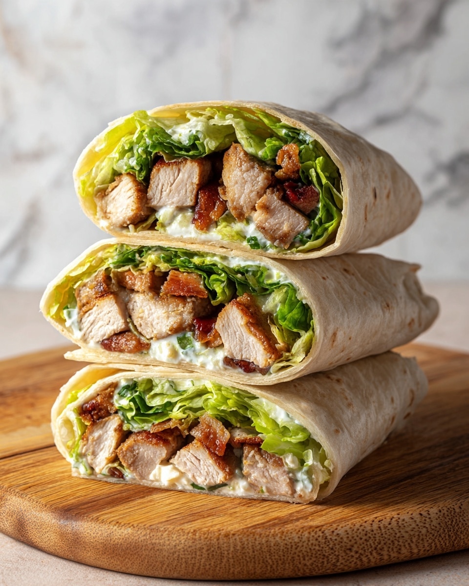 The image shows three wraps stacked in a pyramid shape on a wooden board with a white marbled background. Each wrap has three visible layers. The outer layer is a light beige tortilla. Inside, the first layer is fresh green lettuce with a leafy texture. The second layer contains small chunks of white cheese with a soft texture scattered throughout. The third layer is made up of grilled meat pieces with a mix of light brown and reddish-brown colors. The wraps are cut to show the cross-section of all layers clearly. Photo taken with an iphone --ar 4:5 --v 7