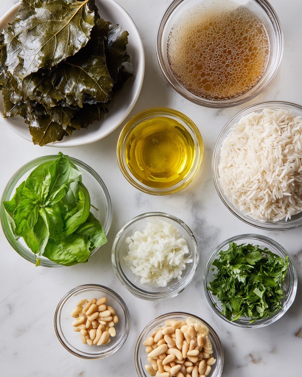 The image shows nine small clear glass bowls and one white bowl arranged on a white marbled surface. The large white bowl on the left contains several dark green grape leaves stacked loosely. Next to it, a clear glass bowl holds a brown liquid with bubbles. To the right, another white bowl is filled with white long-grain rice. Below the grape leaves, a small clear glass bowl holds fresh green basil leaves, bright and smooth. Next to it is a small glass bowl with a golden yellow oil. In the center, a bowl contains finely chopped white onions, with a slightly wet texture. To the right, a bowl holds fresh green parsley leaves, and beside that, a bowl contains pale beige pine nuts. At the bottom right, a bowl shows finely chopped garlic with a pale yellow color. The bowls are neatly arranged in a spread on the white marbled background, with a clean and simple style. photo taken with an iphone --ar 4:5 --v 7