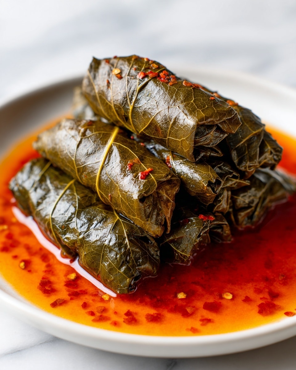 A stack of dark green stuffed grape leaves is placed on a white plate, soaking in a shiny, orange-red sauce that pools underneath. The grape leaves are tightly rolled, with visible veins and a slightly wrinkled texture. The sauce has a smooth surface with tiny red specks scattered around, creating a contrast with the deep green rolls. The plate rests on a white marbled surface. photo taken with an iphone --ar 4:5 --v 7